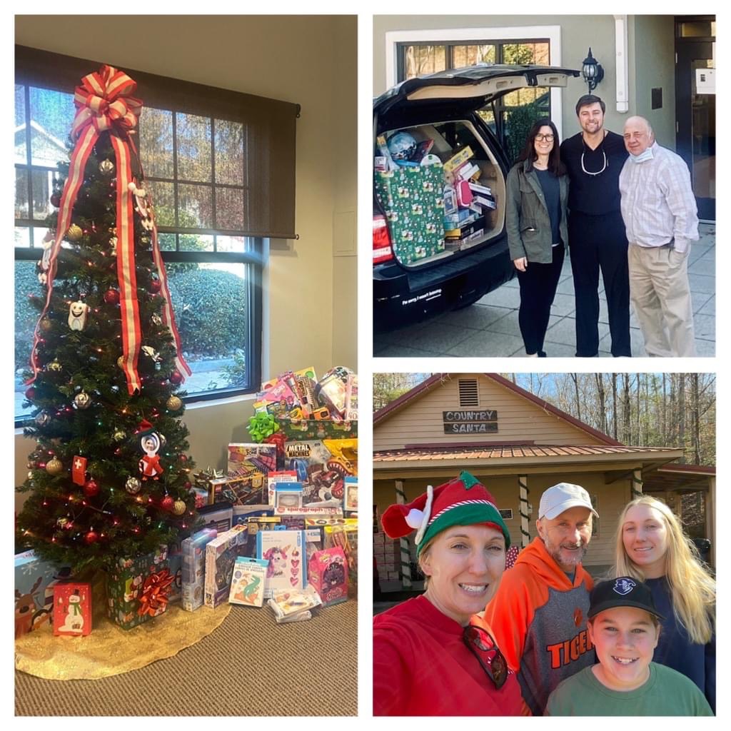 A collage of different actives the team of Rocky Creek Dental Care do during Christmas time including gathering gifts, going out in the mountains, and packing gifts in a car to give away